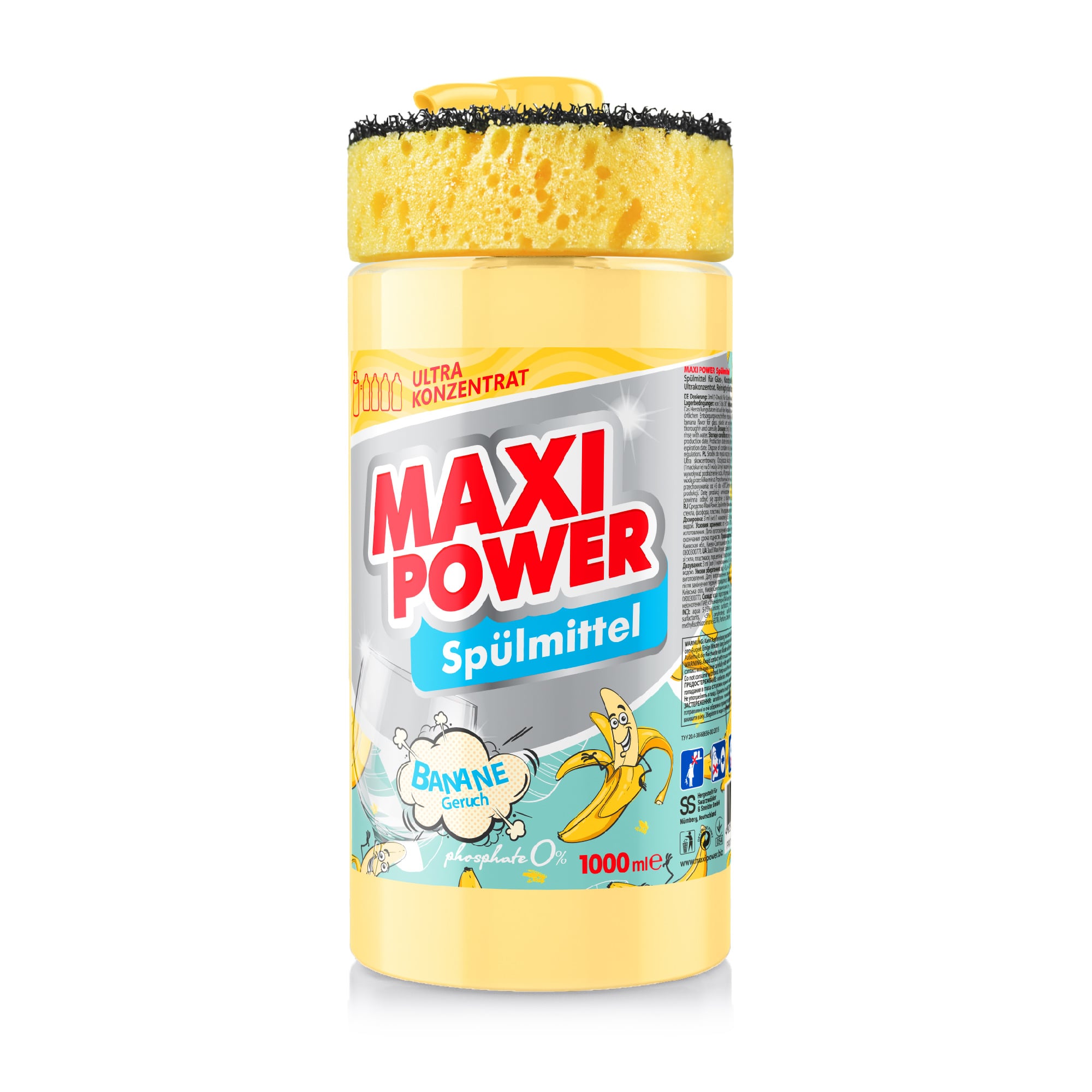 

Засіб для миття посуду Maxi Power Банан, з губкою, 1 л