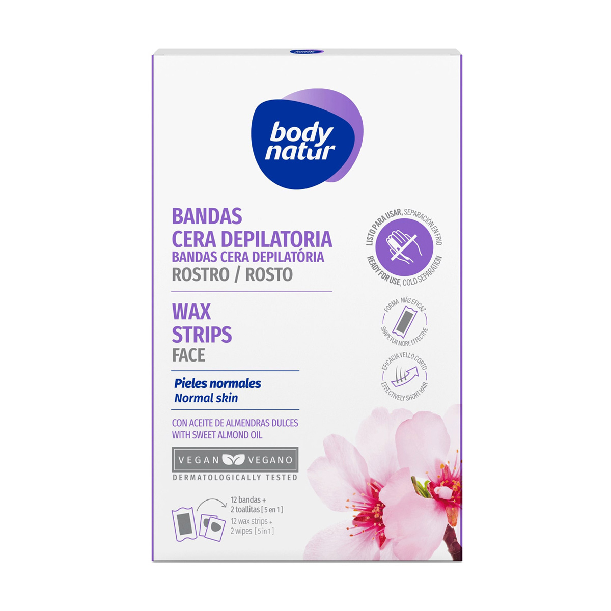 

Воскові смужки для депіляції обличчя Body Natur Wax Strips for Face з мигдальним маслом, 12 шт + 2 серветки