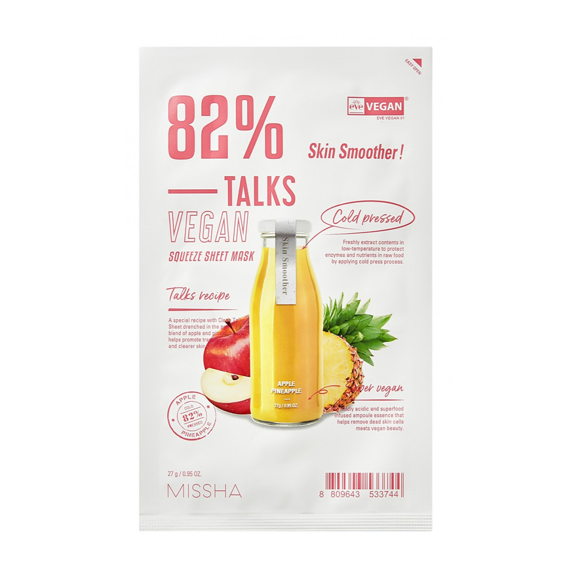 

Тканинна маска для обличчя Missha Talks Vegan Squeeze Sheet Mask Skin Smoother, 27 г