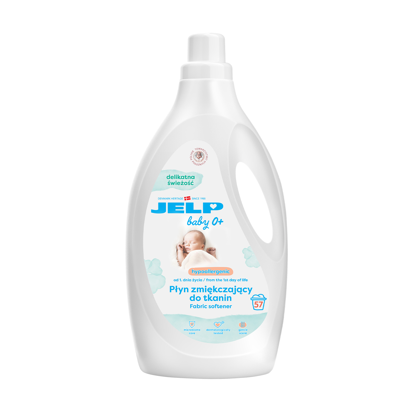 

Гіпоалергенний ополіскувач для пом'якшення тканин JELP від народження, Ніжна свіжість, 57 циклів прання, 2 л