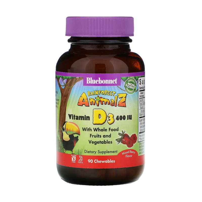 

Дитячий Вітамін Д3 Bluebonnet Nutrition Rainforest Animalz Vitamin D3 400 МО зі смаком ягід, 90 жувальних таблеток