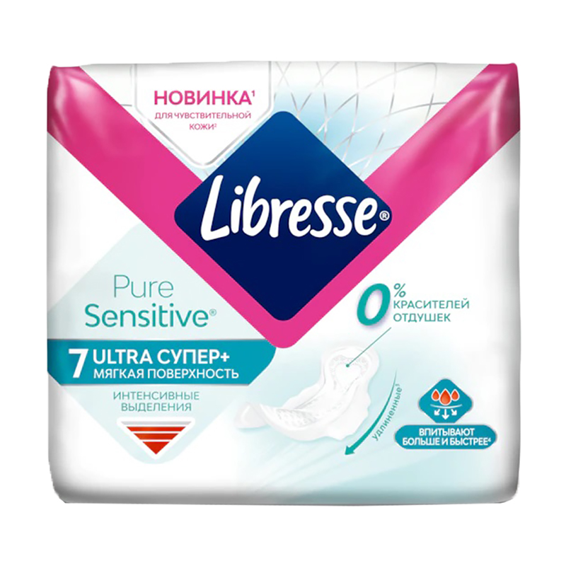 

Гігієнічні прокладки Libresse Pure Sensitive Ultra Супер+ з крильцями, 7 шт