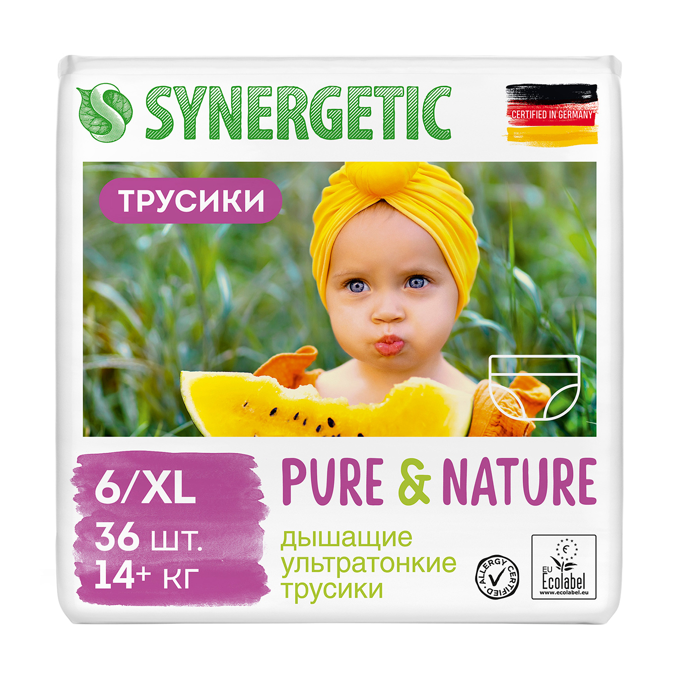 

Дихаючі ультратонкі підгузки-трусики Synergetic Pure & Nature розмір 6/XL (14+ кг), 36 шт