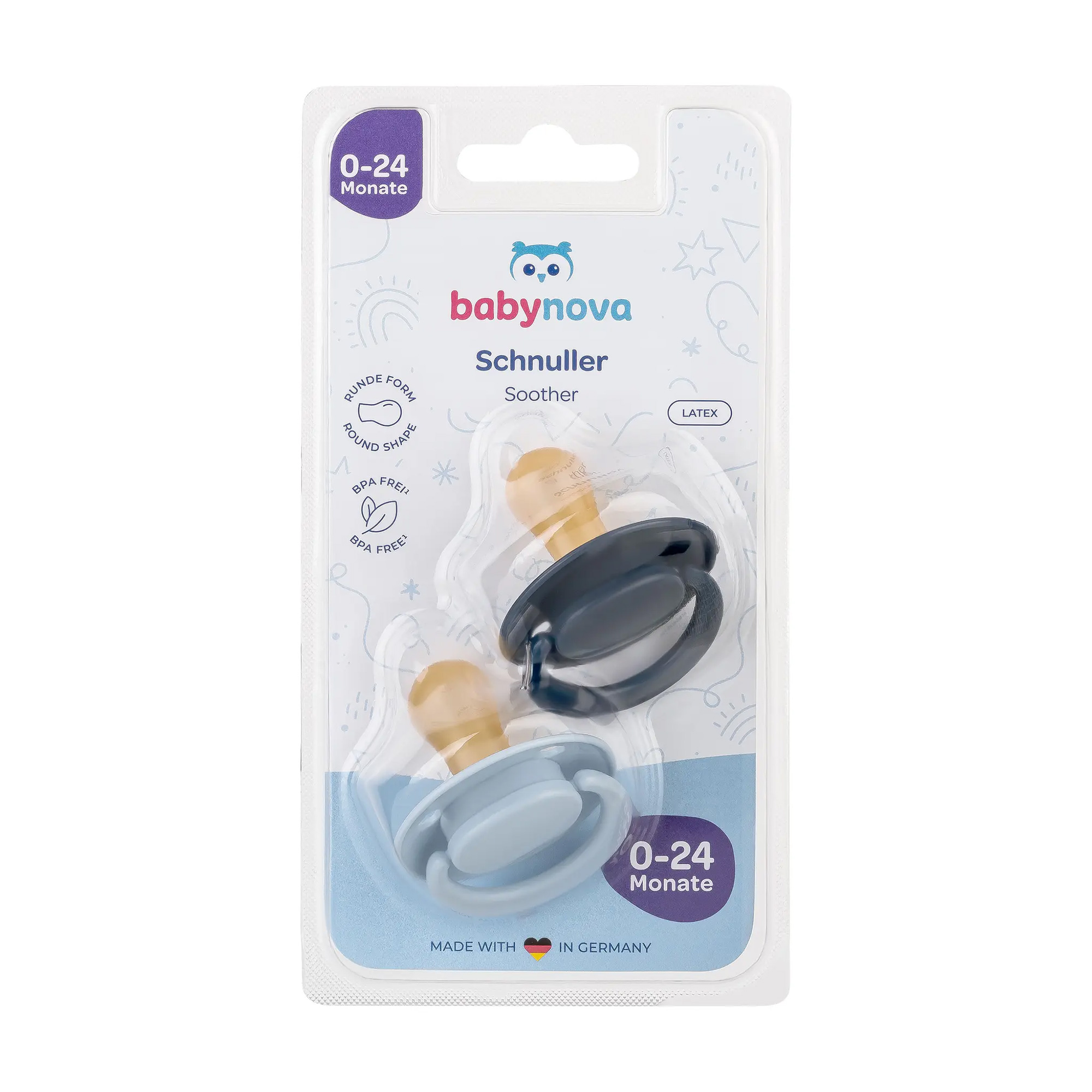 

Уцінка! Пустушка кругла латексна Baby-Nova з кільцем, блакитна та синя, від 0 до 24 місяців, 2 шт (3962034)