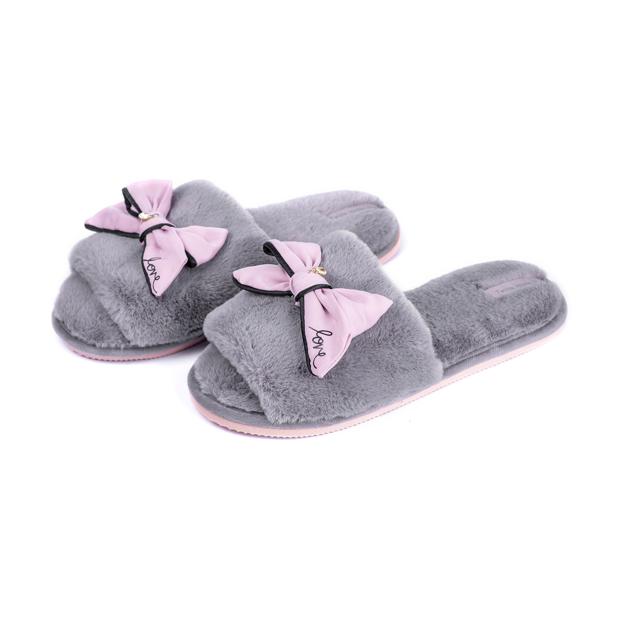 

Жіночі кімнатні капці Twins HS-Lux відкриті, хутряні, бант, сіро-рожеві, розмір 40