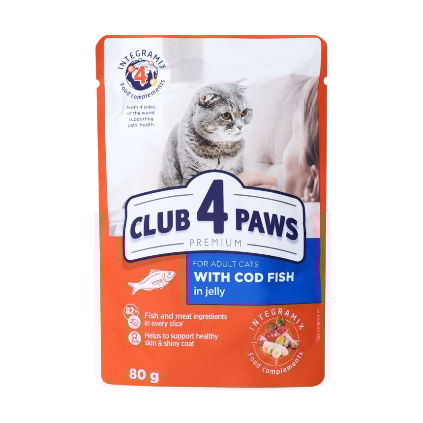 

Вологий корм для кішок Club 4 Paws Premium з тріскою в желе, 80 г