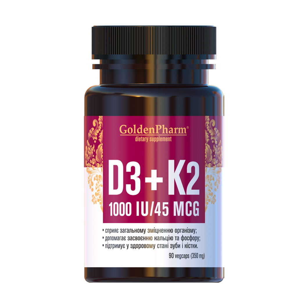 

Вітамін Д3 Golden Pharm Vitamin D3 + K2 1000 МО/45 мкг, 90 капсул