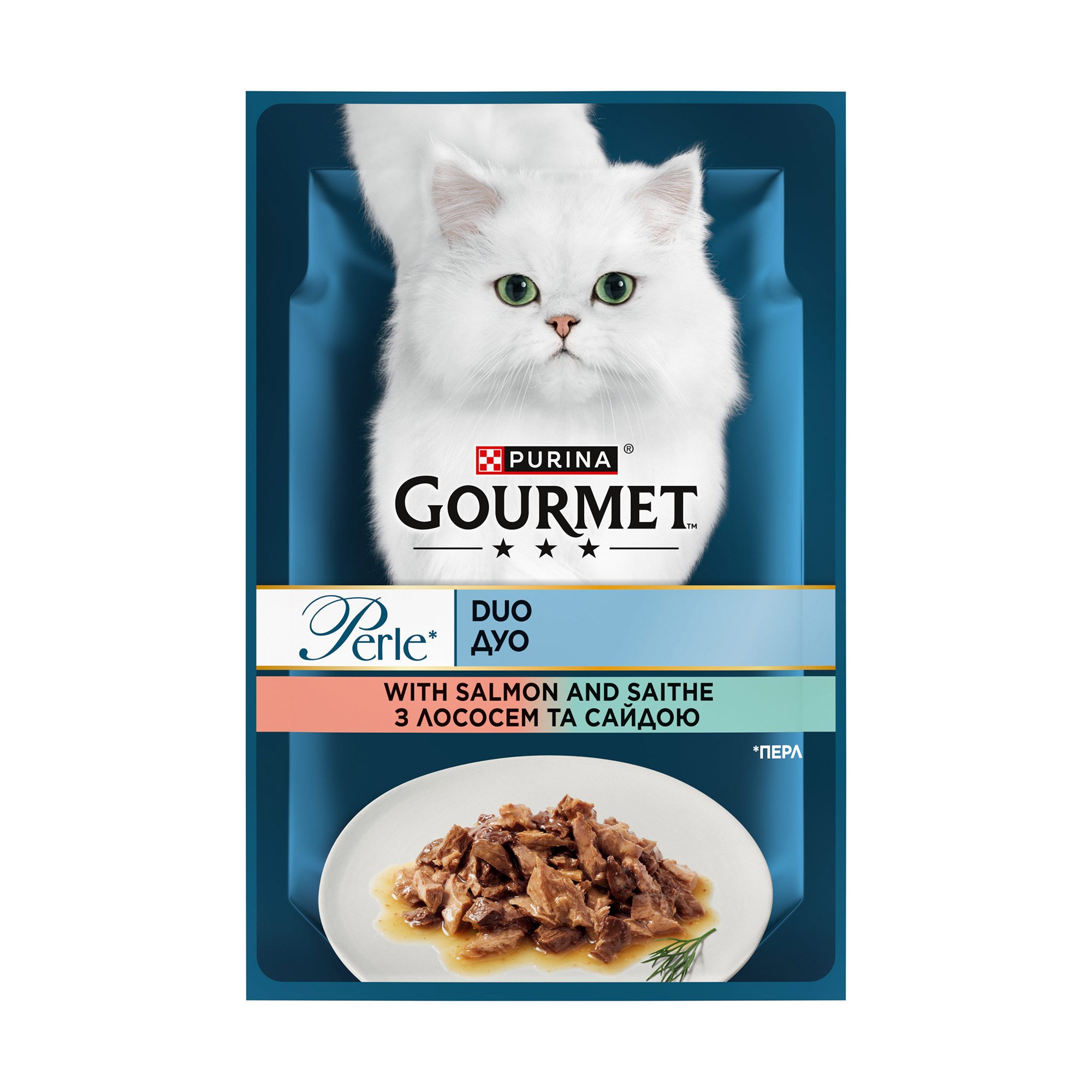 

Вологий корм для дорослих кішок Gourmet Perle Duo філе в соусі з лососем і сайдою, 85 г