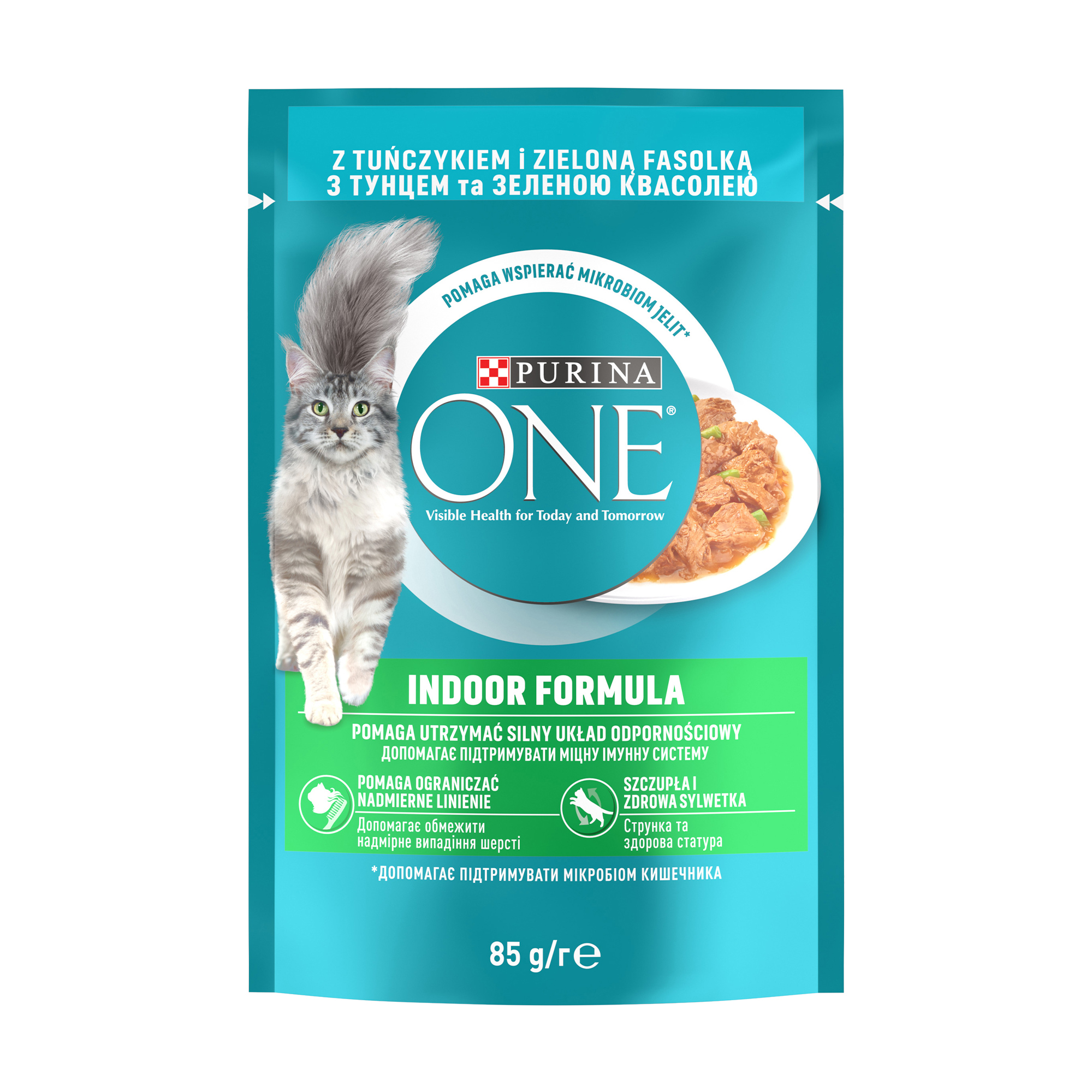 

Вологий корм для дорослих кішок Purina One Indoor шматочки в соусі з тунцем та зеленою квасолею, 85 г