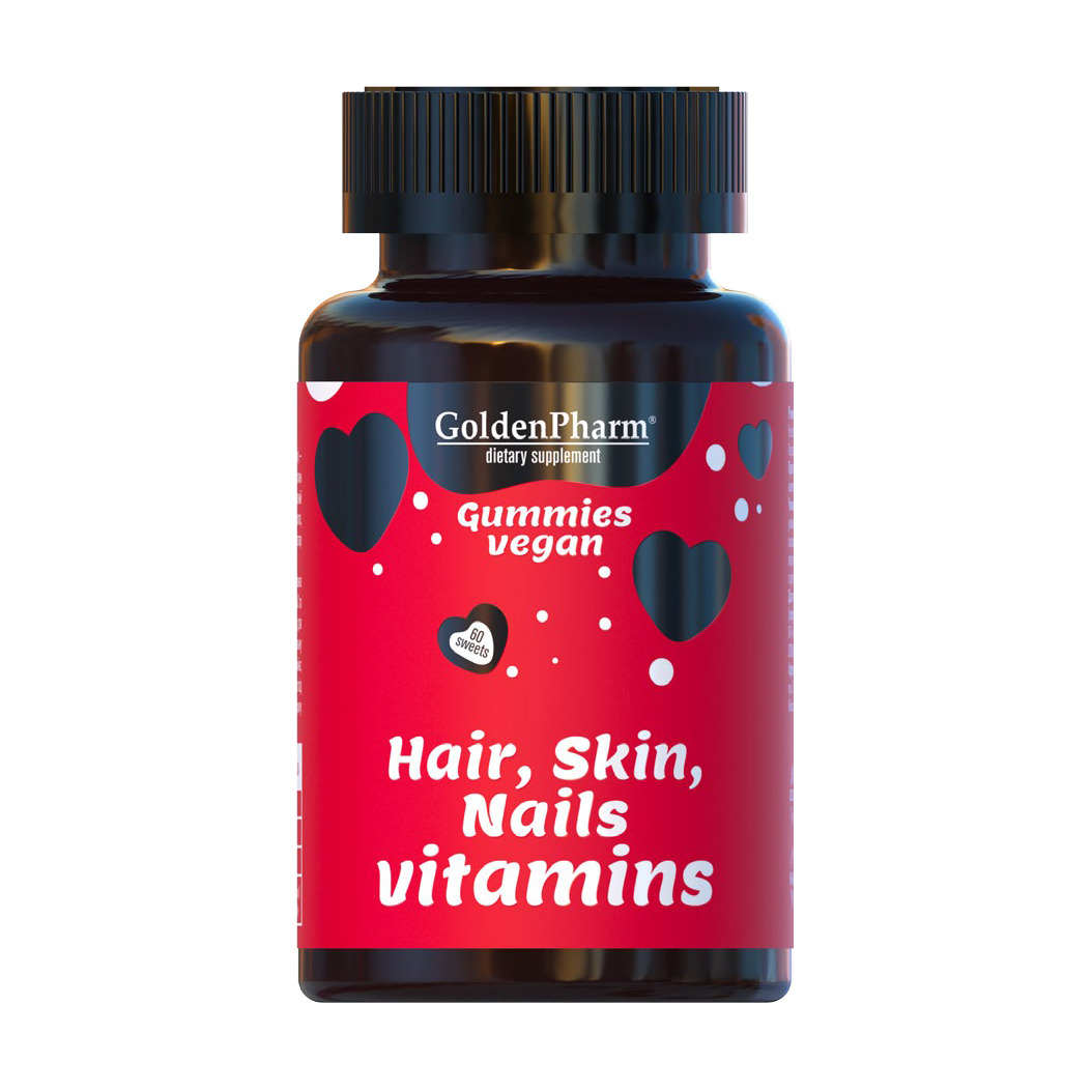 

Комплекс Волосся, шкіра та нігті Golden Pharm Hair, Skin, Nails Vitamins Веганський мармелад, 60 желатинових капсул