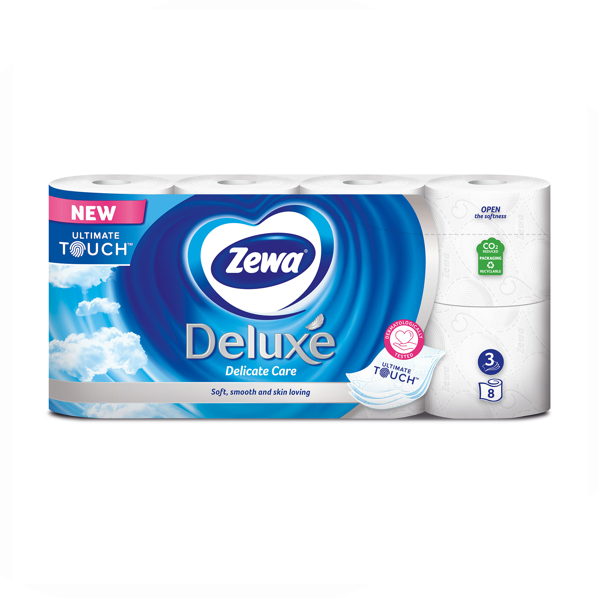 

Уцінка! Туалетний папір Zewa Deluxe Delicate Care білий, 3-шаровий, 150 відривів, 8 рулонів