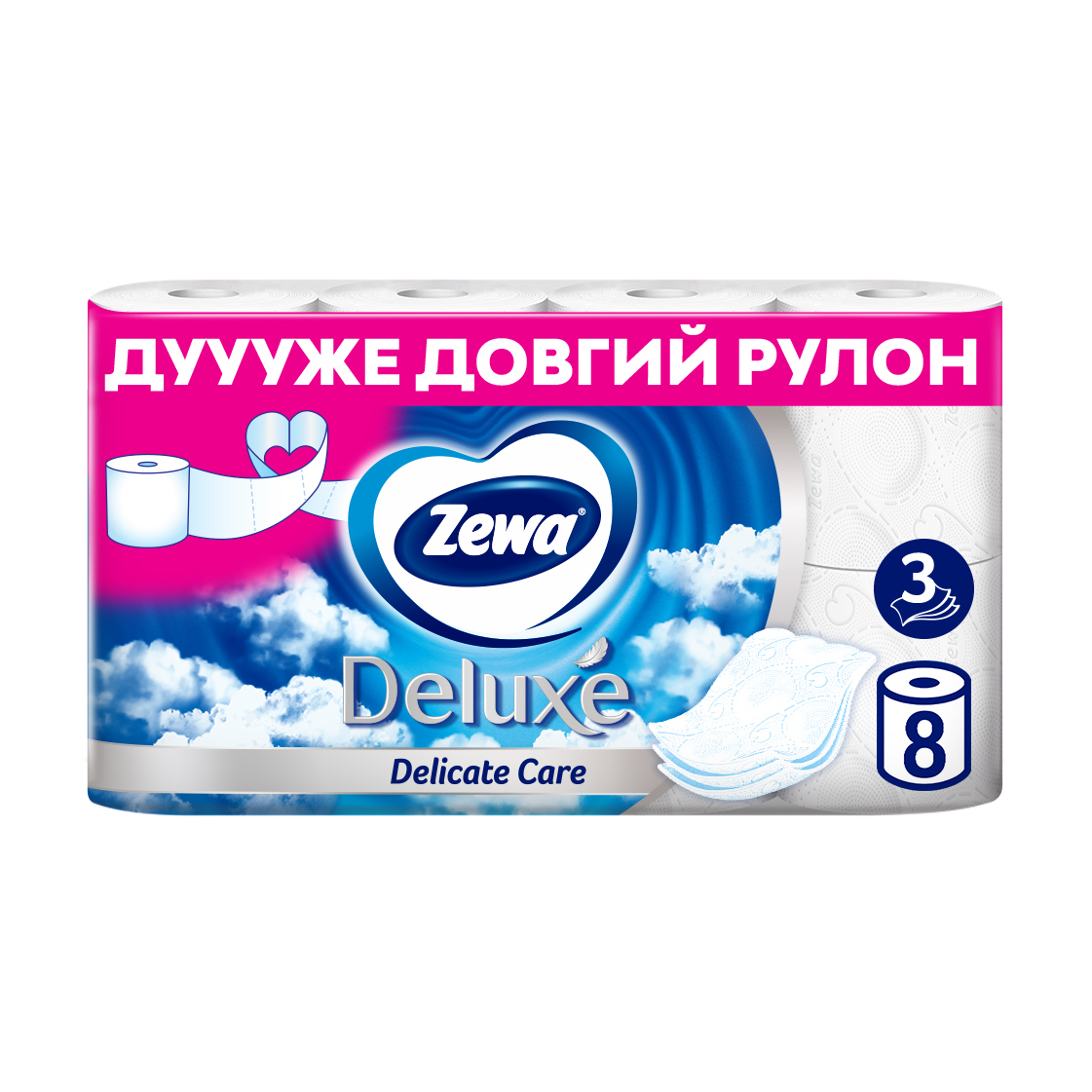 

Туалетний папір Zewa Deluxe білий, 3-шаровий, 150 відривів, 8 рулонів
