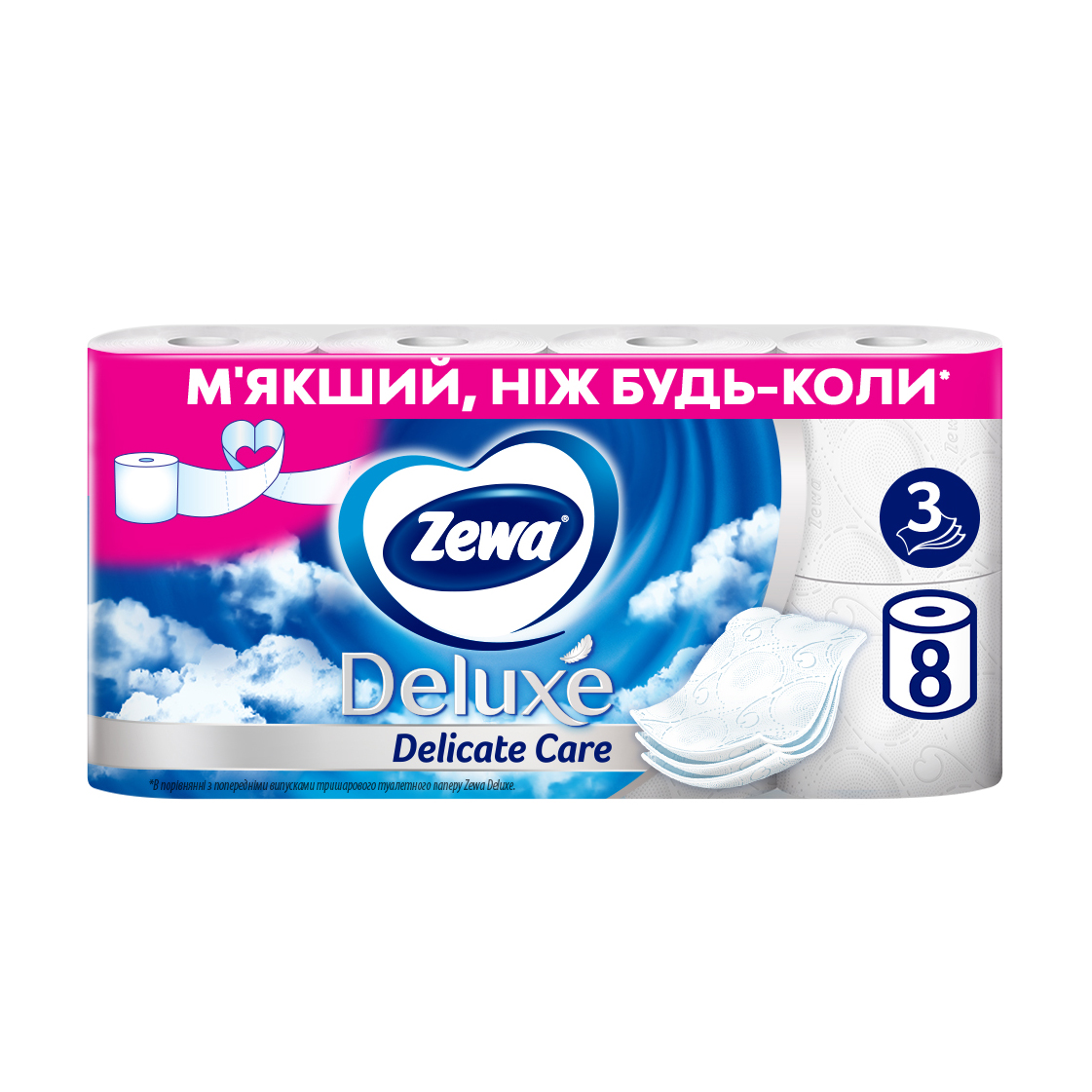 

Уцінка! Туалетний папір Zewa Deluxe Delicate Care білий, 3-шаровий, 150 відривів, 8 рулонів
