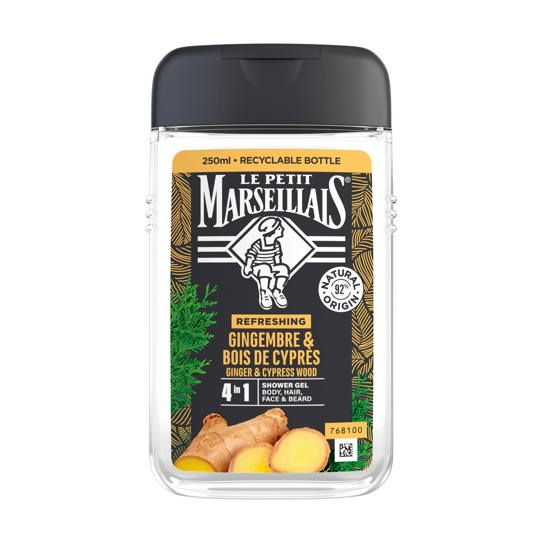 

Чоловічий гель для душу 4 в 1 Le Petit Marseillais Body, Hair, Face & Beard Shower Gel Імбир та кипарис, 250 мл