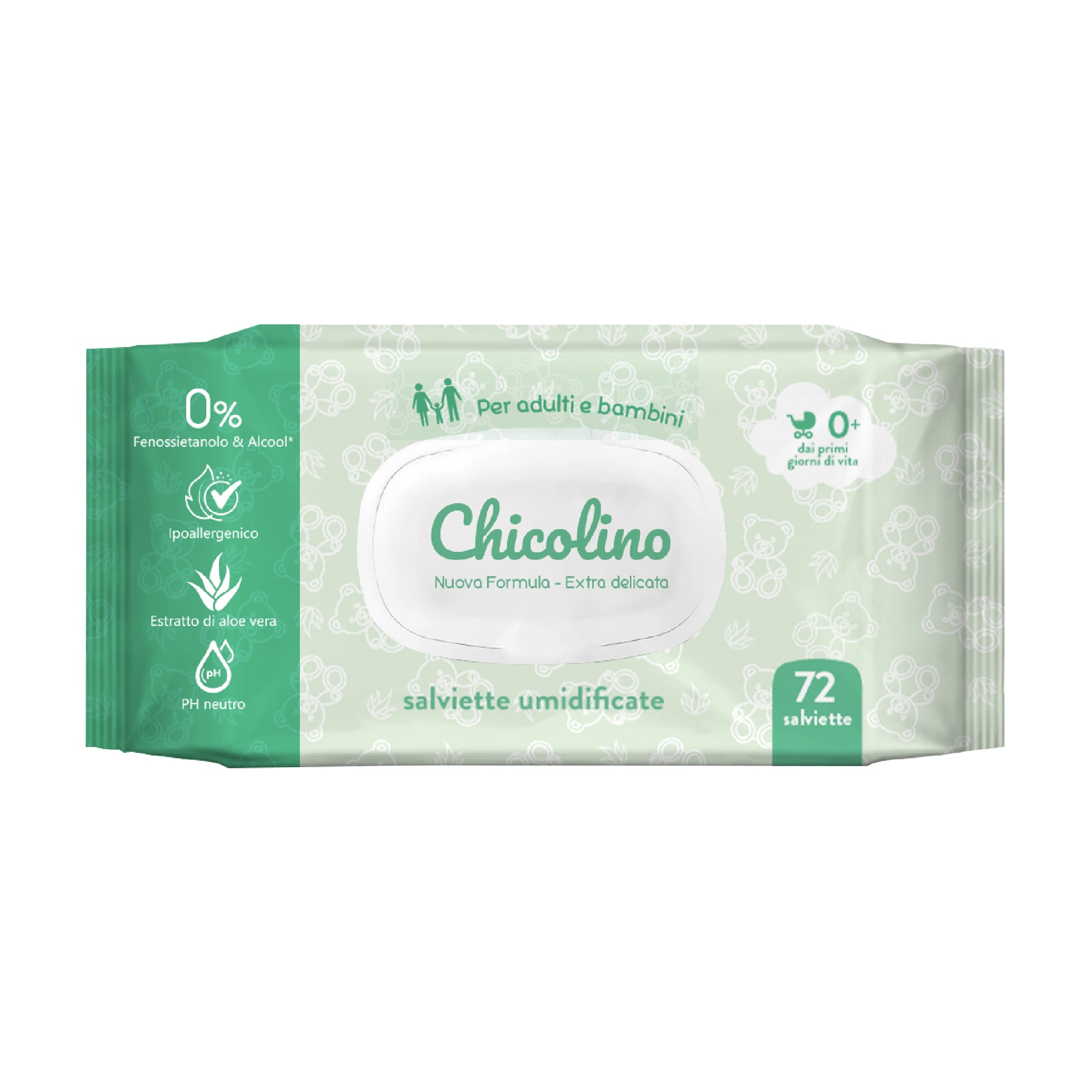 

Вологі серветки для дітей і дорослих Chicolino з алое вера, 72 шт