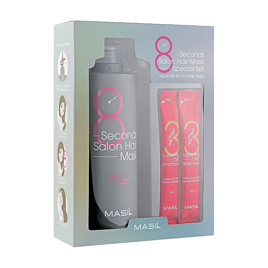 

Набір для відновлення волосся Masil 8 Seconds Salon Hair Set з кератином та колагеном (маска, 350 мл + шампунь, 2*8 мл)