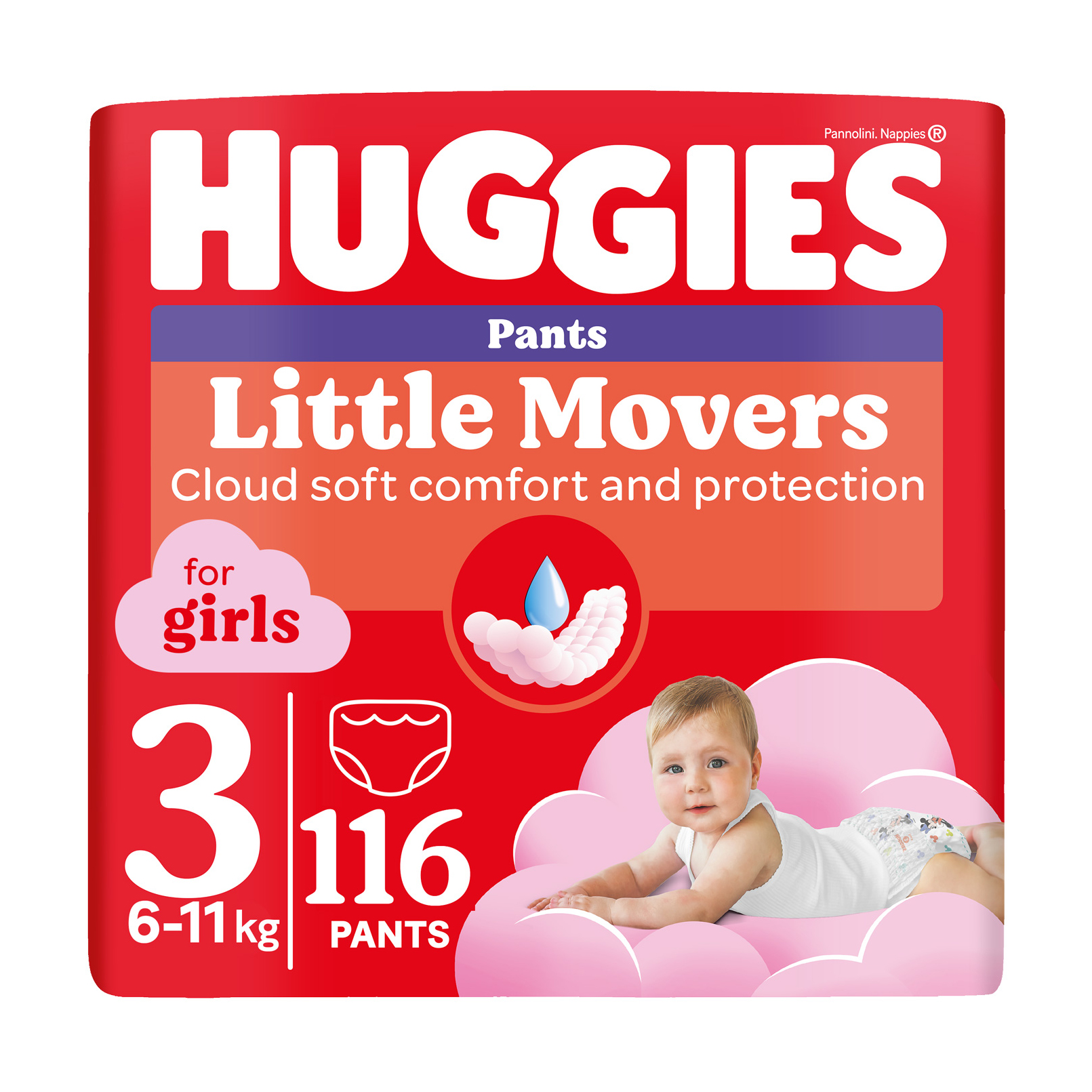 

Уцінка! Підгузки-трусики Huggies Little Movers Pants для дівчаток, розмір 3 (6-11 кг), 116 шт