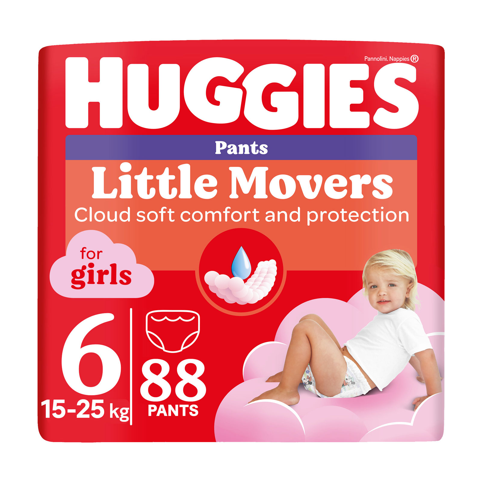 

Уцінка! Підгузки-трусики Huggies Little Movers Pants для дівчаток, розмір 6 (15-25 кг), 88 шт