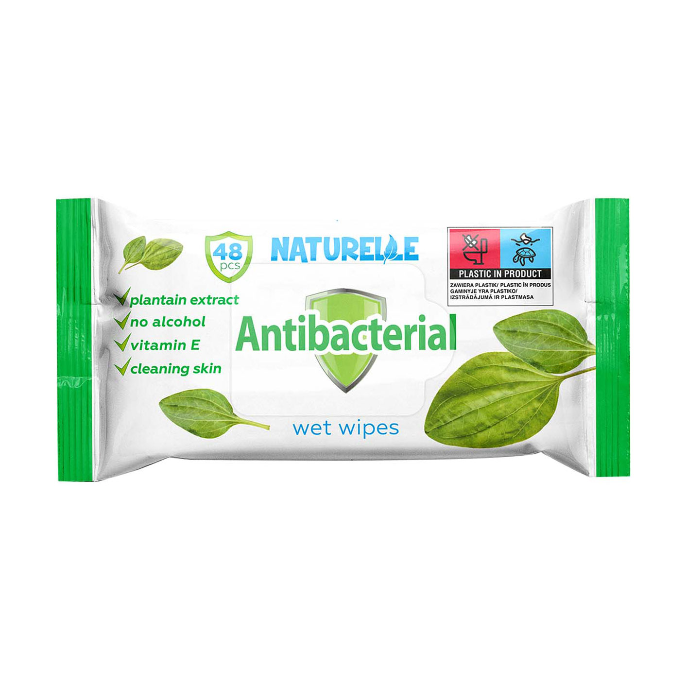 

Вологі серветки антибактеріальні NATURELLE з екстрактом листя подорожника, 48шт.