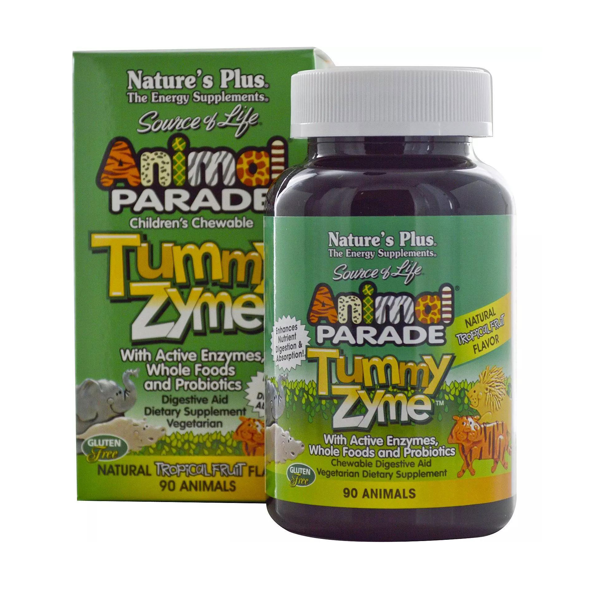 

Вітаміни для дітей NaturesPlus Animal Parade Tummy Zyme зі смаком тропічних фруктів, 90 жувальних таблеток