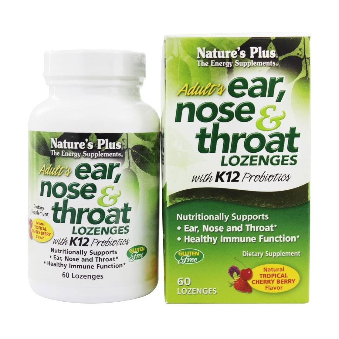 

Комплекс вухо, горло, ніс NaturesPlus Ear, Throat, Nose Complex з пробіотиком К12, тропічні ягоди та вишня, 60 таблеток