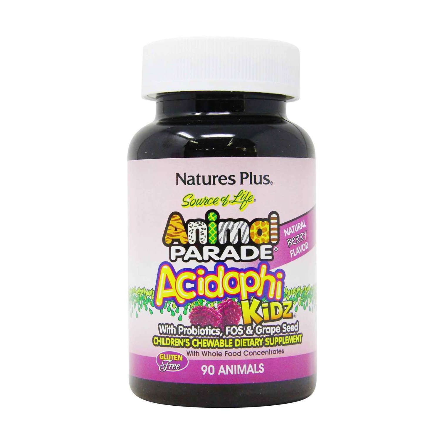 

Пробіотики для дітей NaturesPlus Animal Parade Acidophi Kidz Поліпшення травлення, зі смаком ягід, 90 жувальних таблеток