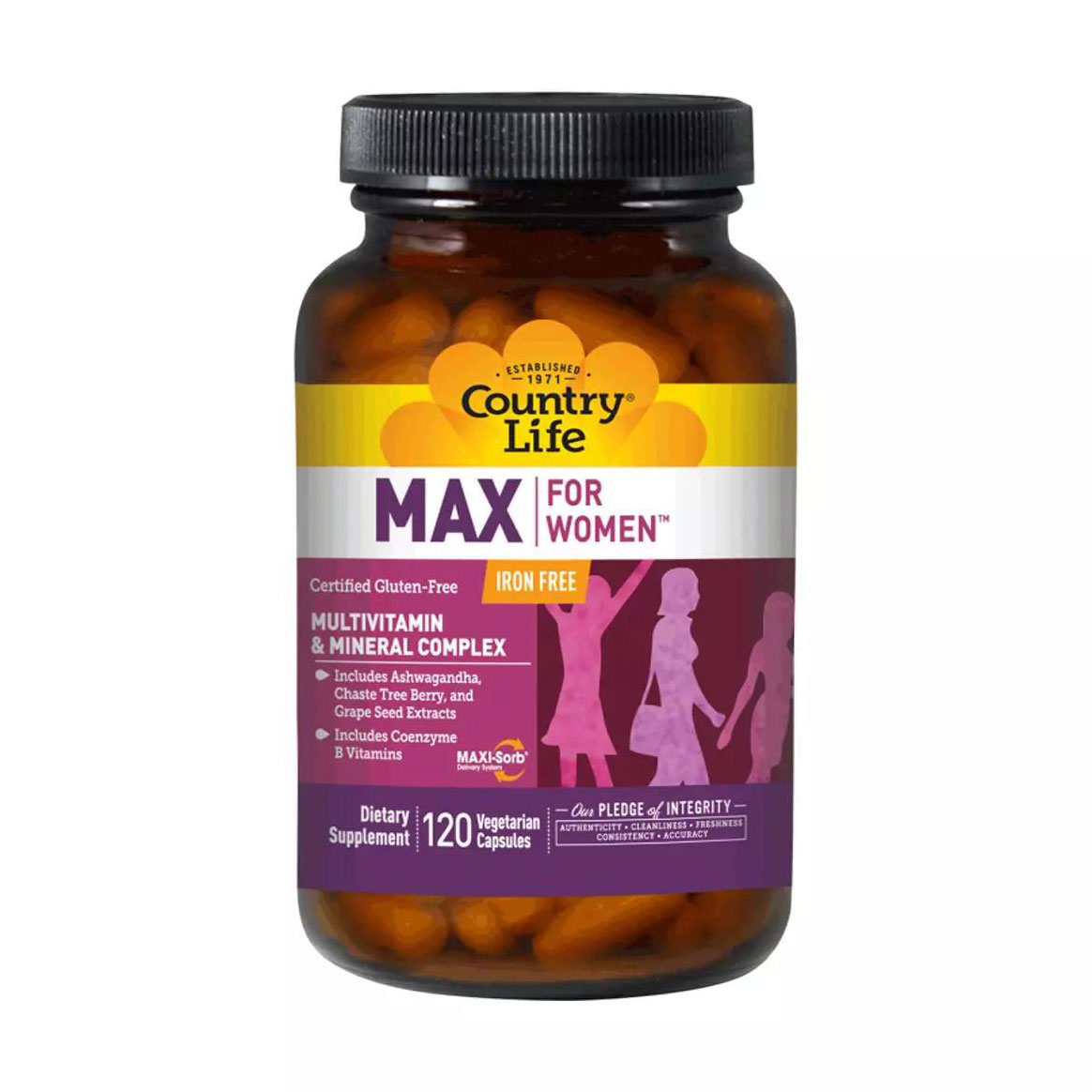 

Жіночі мультивітаміни та мінерали Country Life Max For Women без заліза, 120 капсул