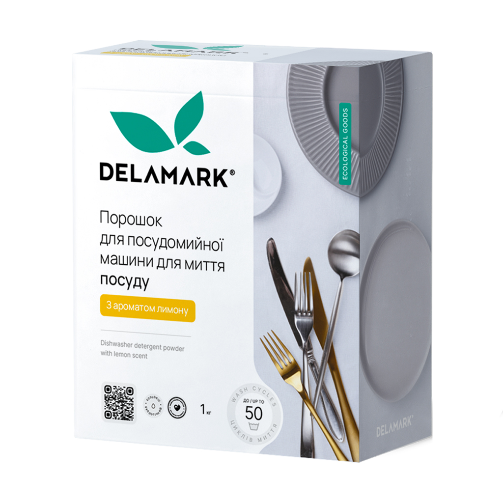 

Порошок для миття посуду в посудомийній машині Delamark з ароматом лимона, 50 циклів миття, 1 кг