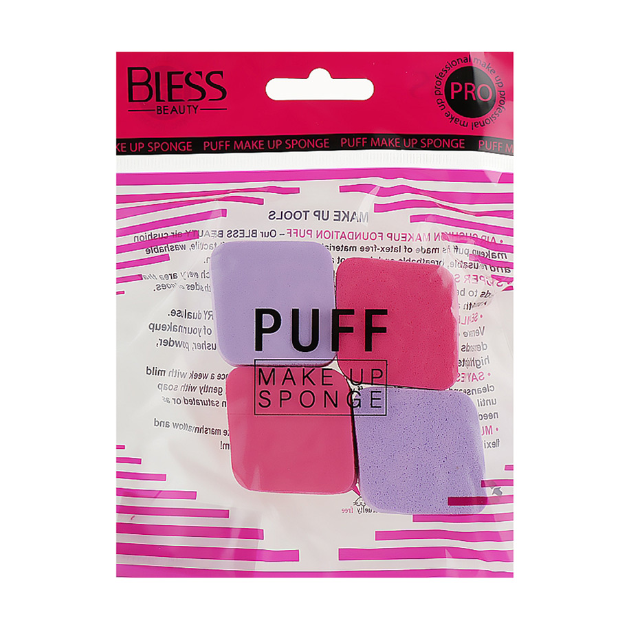 

Уцінка! Набір спонжів для макіяжу Bless Beauty Puff Make Up Sponge 4 в 1, міні ромб, рожево/фіолетові, 4 шт