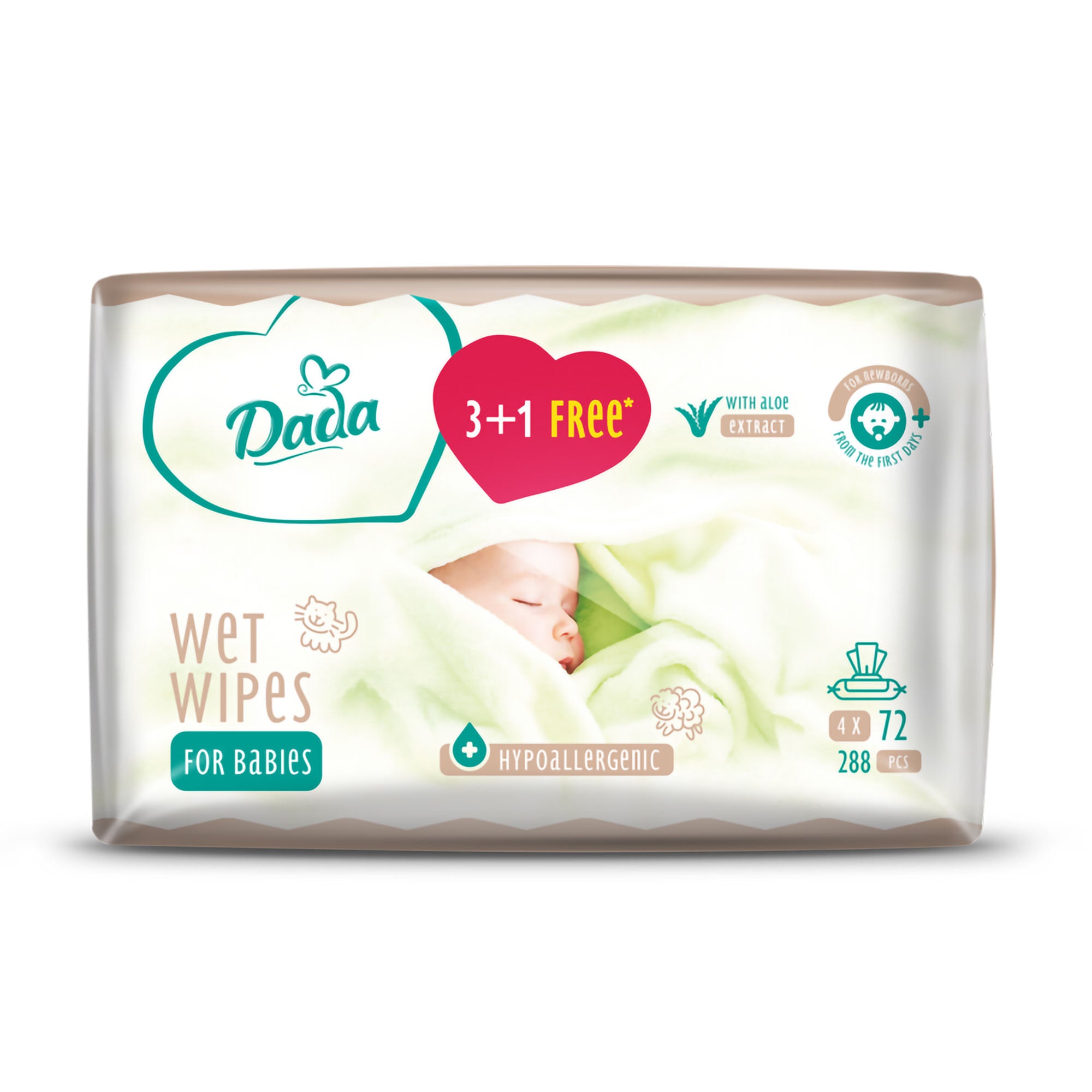 

Дитячі вологі серветки Dada від народження, з екстрактом алое, 4*72 шт