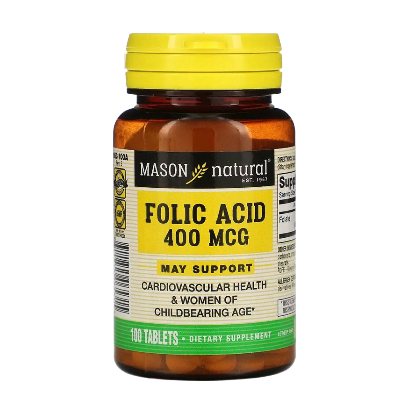 

Фолієва кислота Mason Natural Folic Acid 400 мкг, 100 таблеток