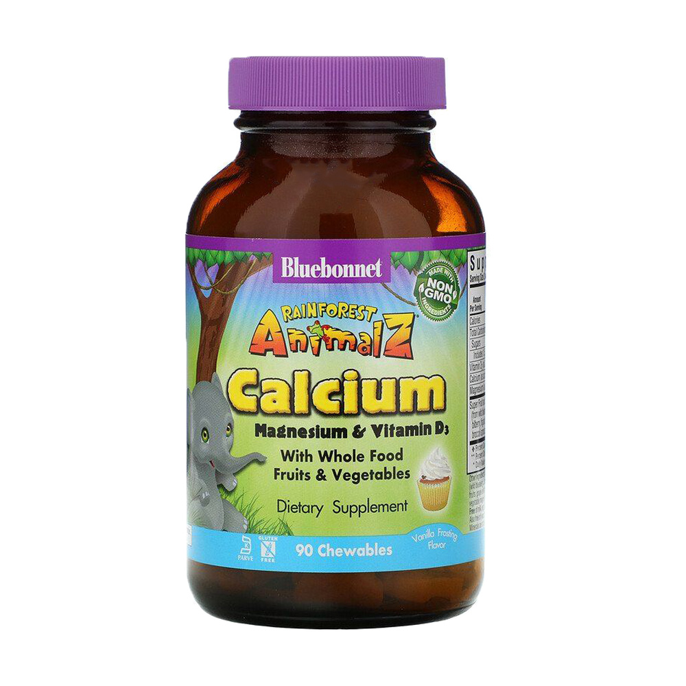 

Кальцiй, магнiй і вiтамiн Д3 Bluebonnet Nutrition Rainforest Animalz Calcium Magnesium & Vitamin D3 зі смаком ванілі, 90 жувальних цукерок