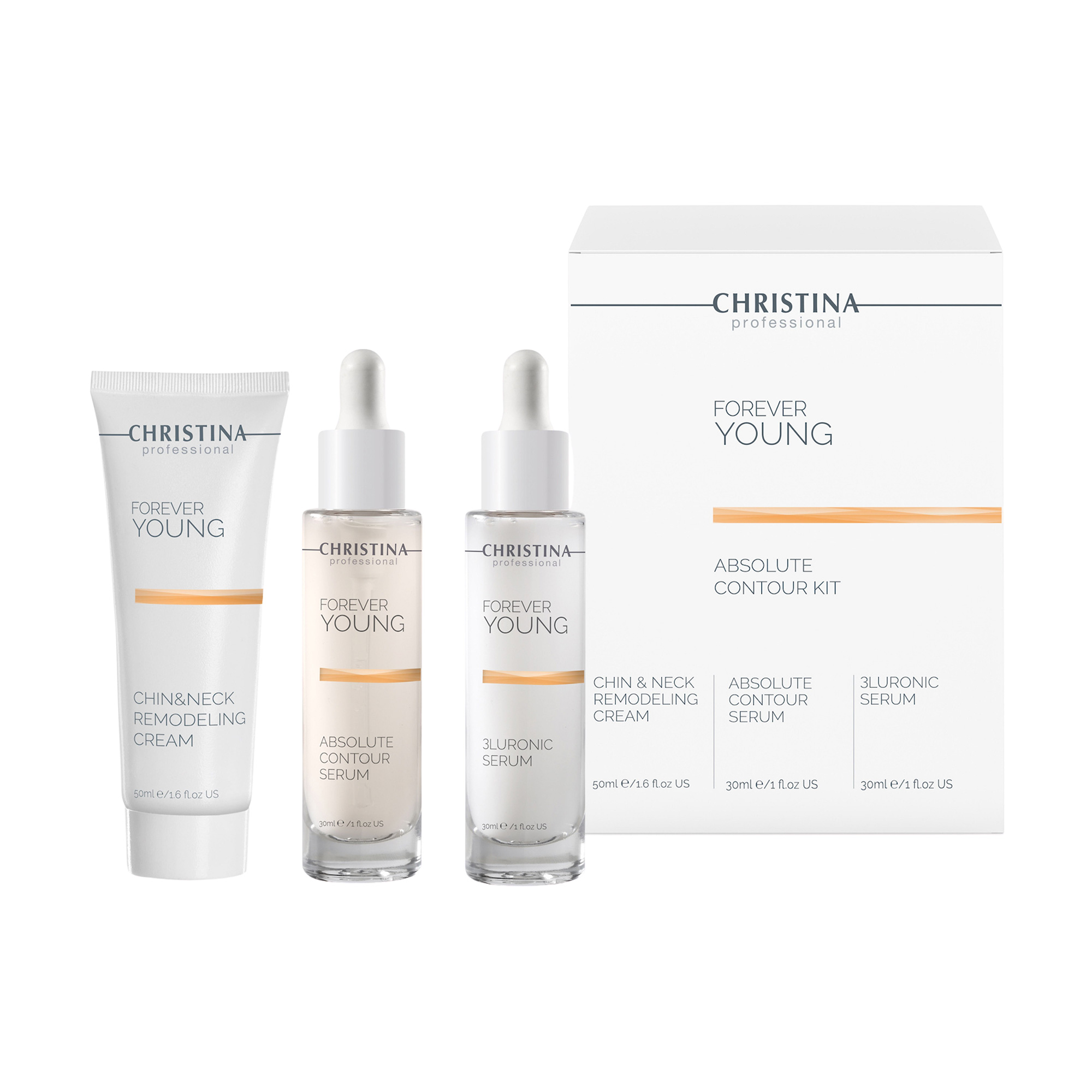

Уцінка! Набір для обличчя Christina Forever Young Absolute Contour Kit (сироватка Absolute, 30 мл + сироватка 3Luronic, 30 мл + крем Chin&Neck, 50 мл)