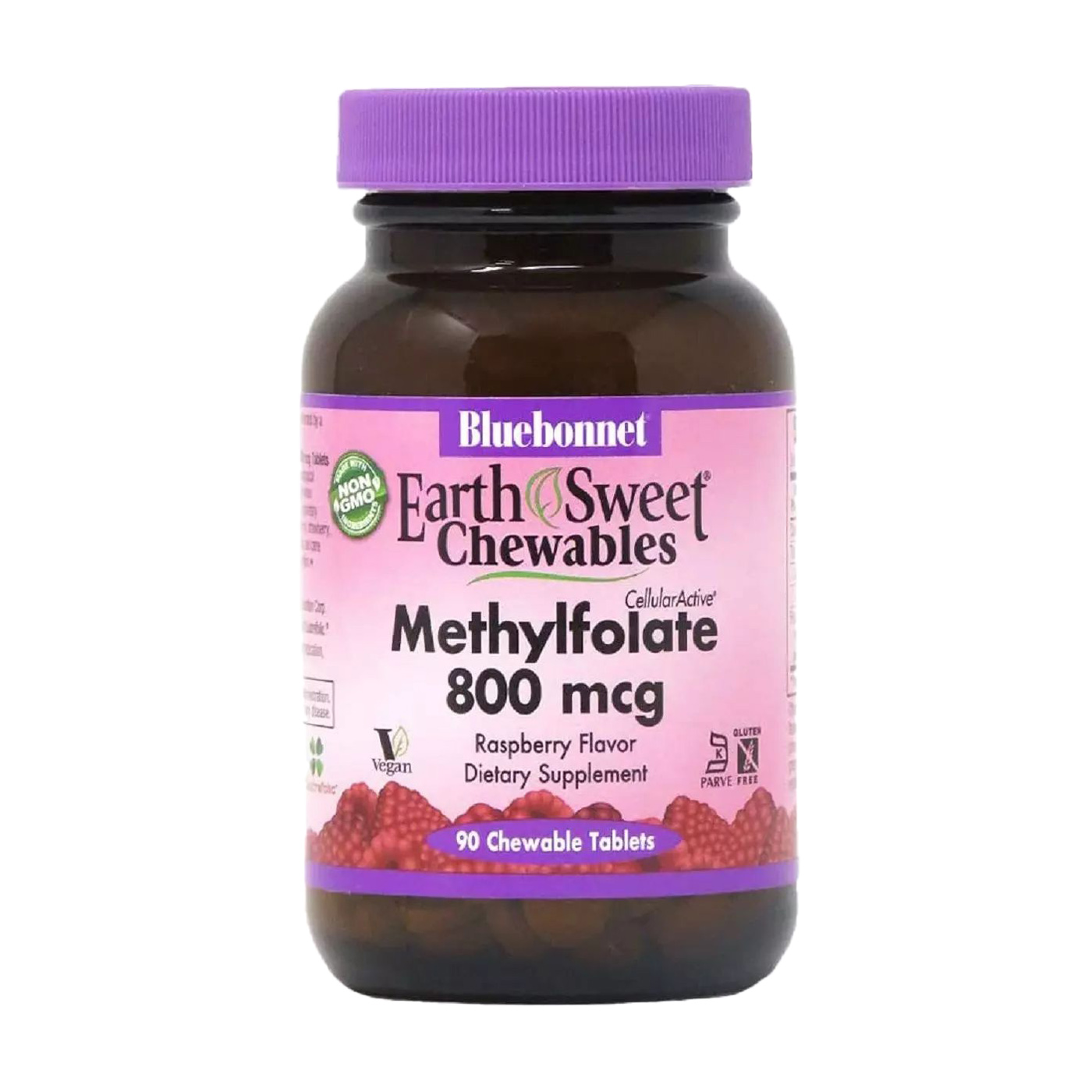 

Вітамін B9 Bluebonnet Nutrition Earth Sweet Chewables Methylfolate 800 мкг, зі смаком малини, 90 жувальних таблеток
