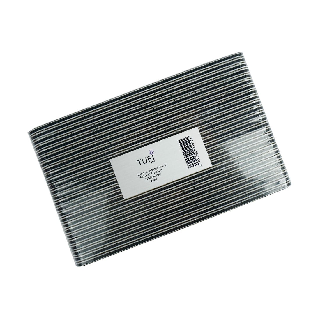 

Уцінка! Пилка для нігтів Tufi Profi Premium півколо 100/180 гритів, чорна, 25 шт (0122154)
