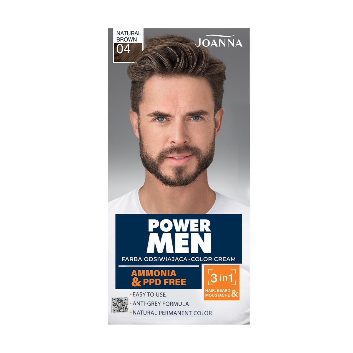 

Уцінка! Чоловіча безаміачна стійка фарба для волосся 3 в 1 Joanna Power Man Color 04 Коричневий, 60 г