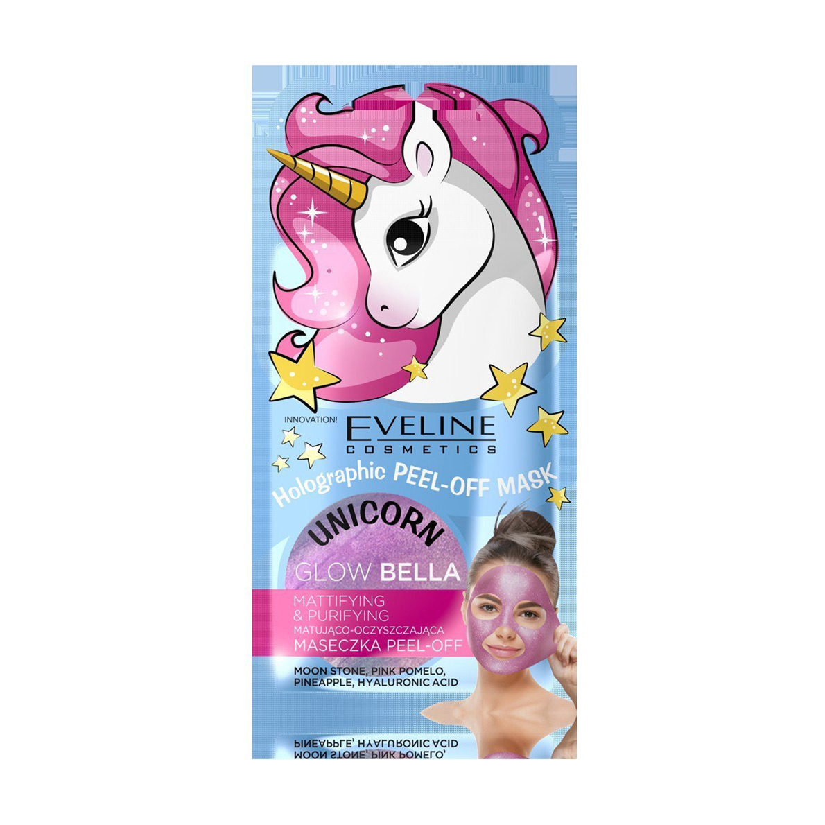 

Подарунок! Відлущувальна маска для обличчя Eveline Cosmetics Unicorn Holographic Peel Off Mask Glow Pink Bella, 7 мл