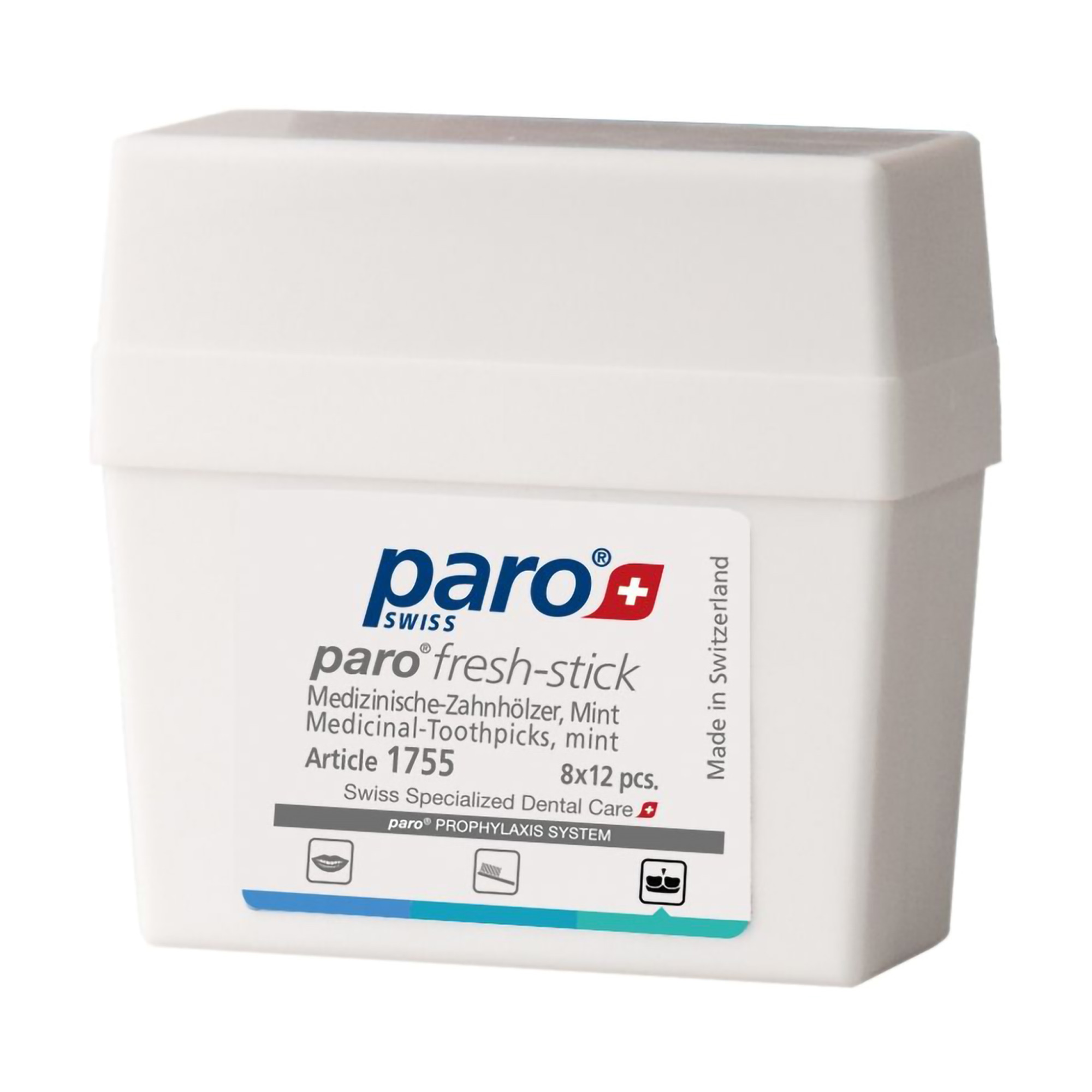 

Медичні зубочистки Paro Swiss Fresh-Sticks середнього розміру, з м'ятним смаком, 96 шт