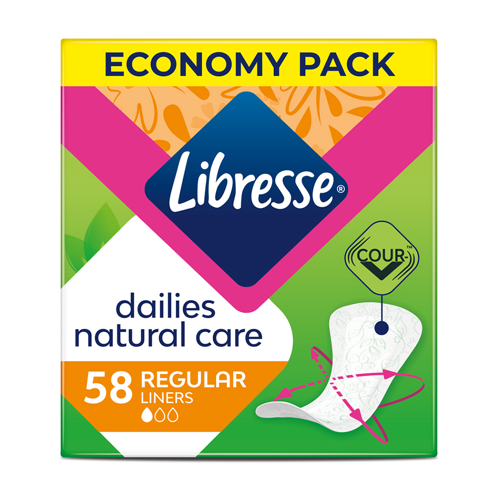 

Уцінка! Щоденні прокладки Libresse Dailies Natural Care Regular з алое вера та ромашкою, 58 шт