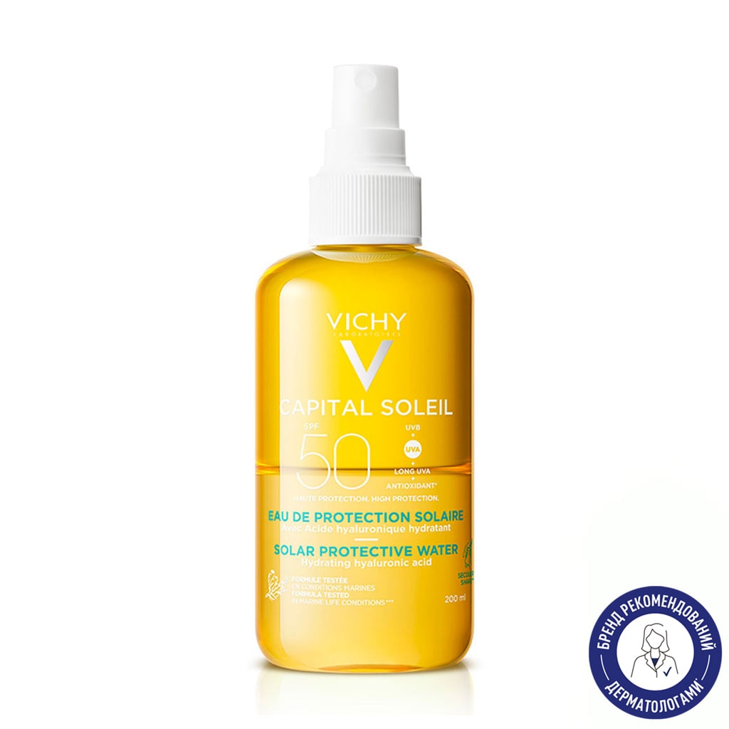 

Сонцезахисний водостійкий спрей для обличчя та тіла Vichy Capital Soleil Solar Protective Water SPF 50 з гіалуроновою кислотою, 200 мл