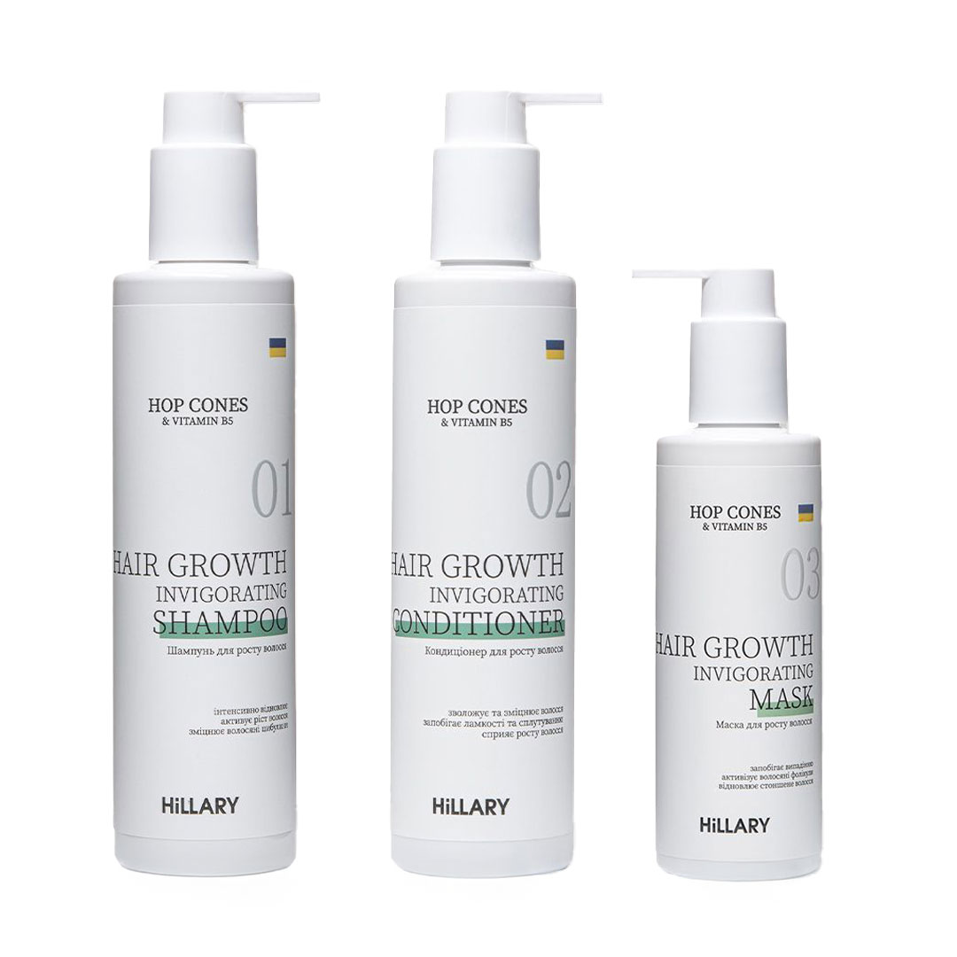 

Набір Hillary Hop Cones & B5 Hair Growth Invigorating Комплекс для росту волосся (шампунь, 250 мл + кондиціонер, 250 мл + маска, 200 мл)