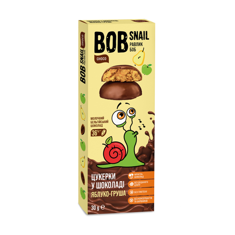 

Натуральні цукерки Bob Snail Яблучно-грушеві в бельгійському молочному шоколаді, 30 г