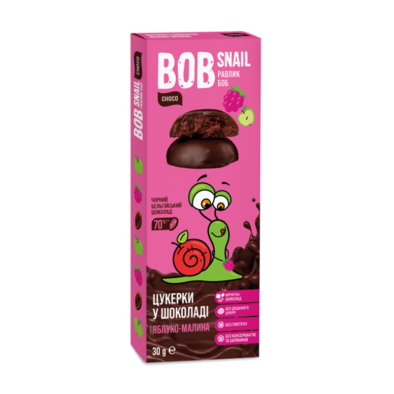 

Натуральні цукерки Bob Snail Яблучно-малинові в бельгійському чорному шоколаді, 30 г