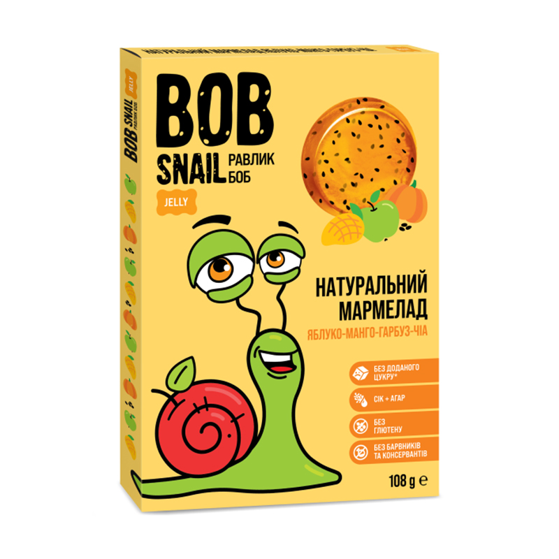 

Натуральний мармелад Bob Snail Яблуко-манго-гарбуз-чіа, 108 г