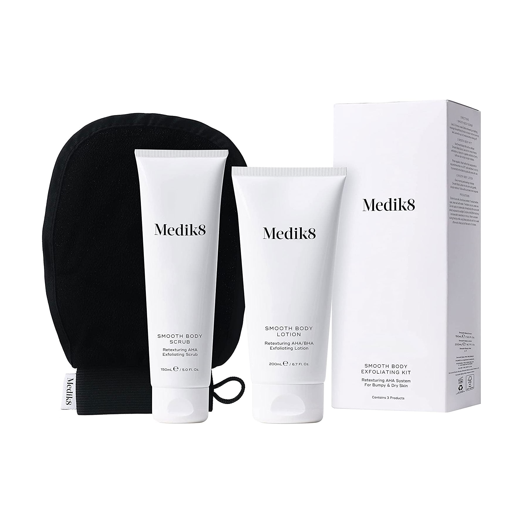 

Набір для тіла Medik8 Smooth Body Exfoliating Kit з АНА-кислотами, для сухої шкіри та гіперкератозу (скраб, 150 мл + лосьйон, 200 мл + рукавичка)