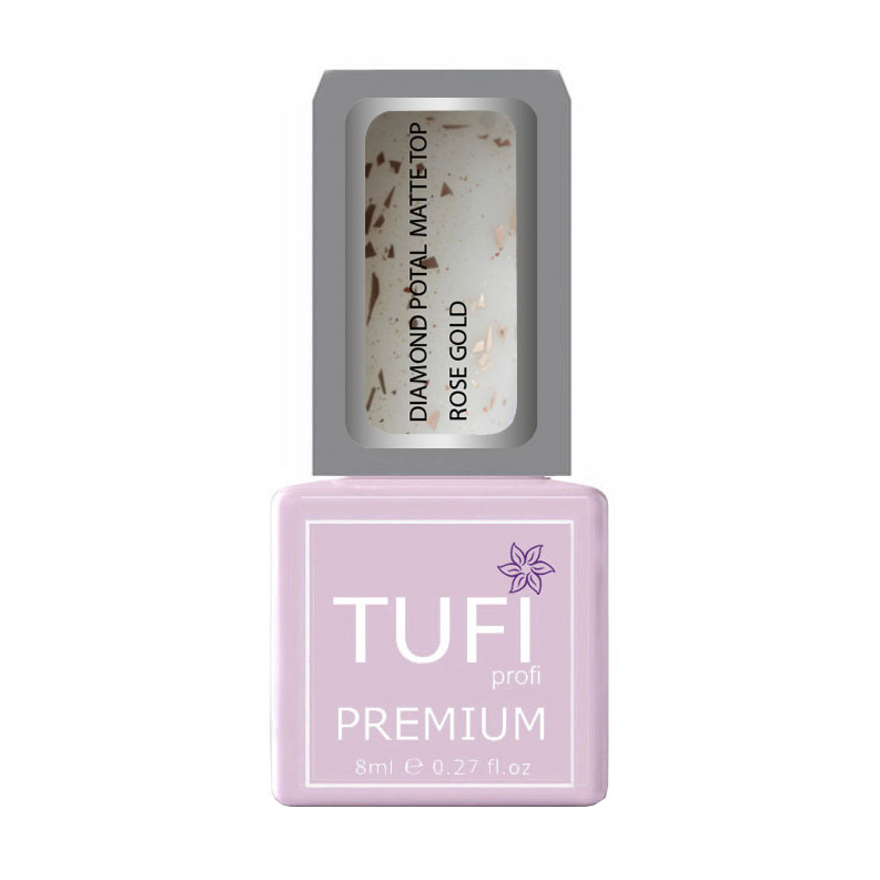 

Уцінка! Матовий топ для гель-лаку Tufi Profi Premium Diamond Potal Matte Top з поталлю та шимером, Рожеве золото, 8 мл