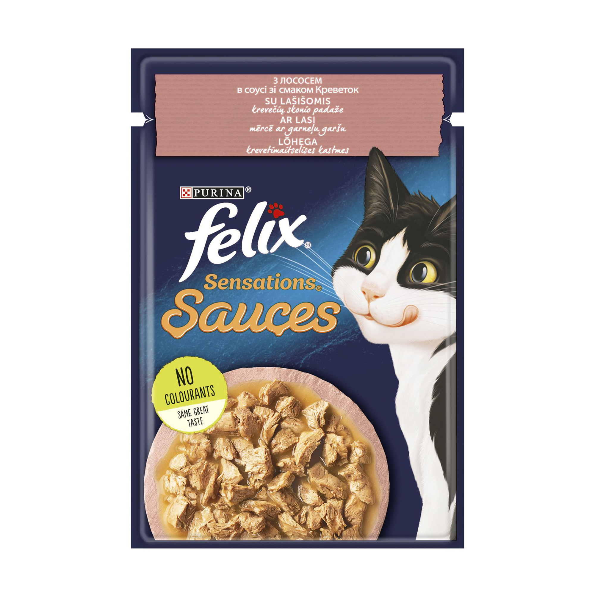 

Вологий корм для дорослих кішок Felix Sensations Sauces з лососем, шматочки в соусі зі смаком креветок, 85 г