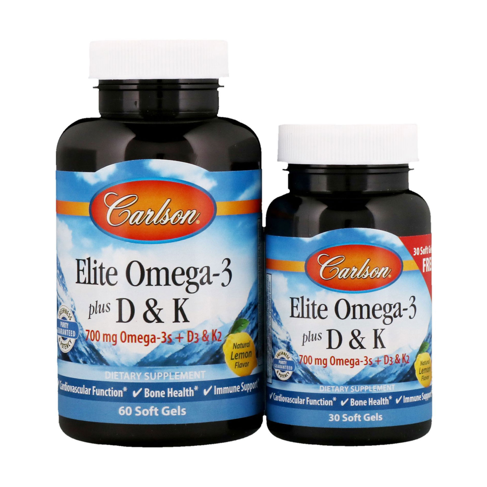 

Омега-3 Carlson Labs Elite Omega-3 + D&K з вітамінами D та K, натуральний смак лимона, 60 + 30 капсул