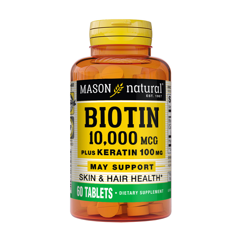

Біотин Mason Natural, Biotin Plus Keratin 10000 мкг з кератином 100 мг, 60 таблеток