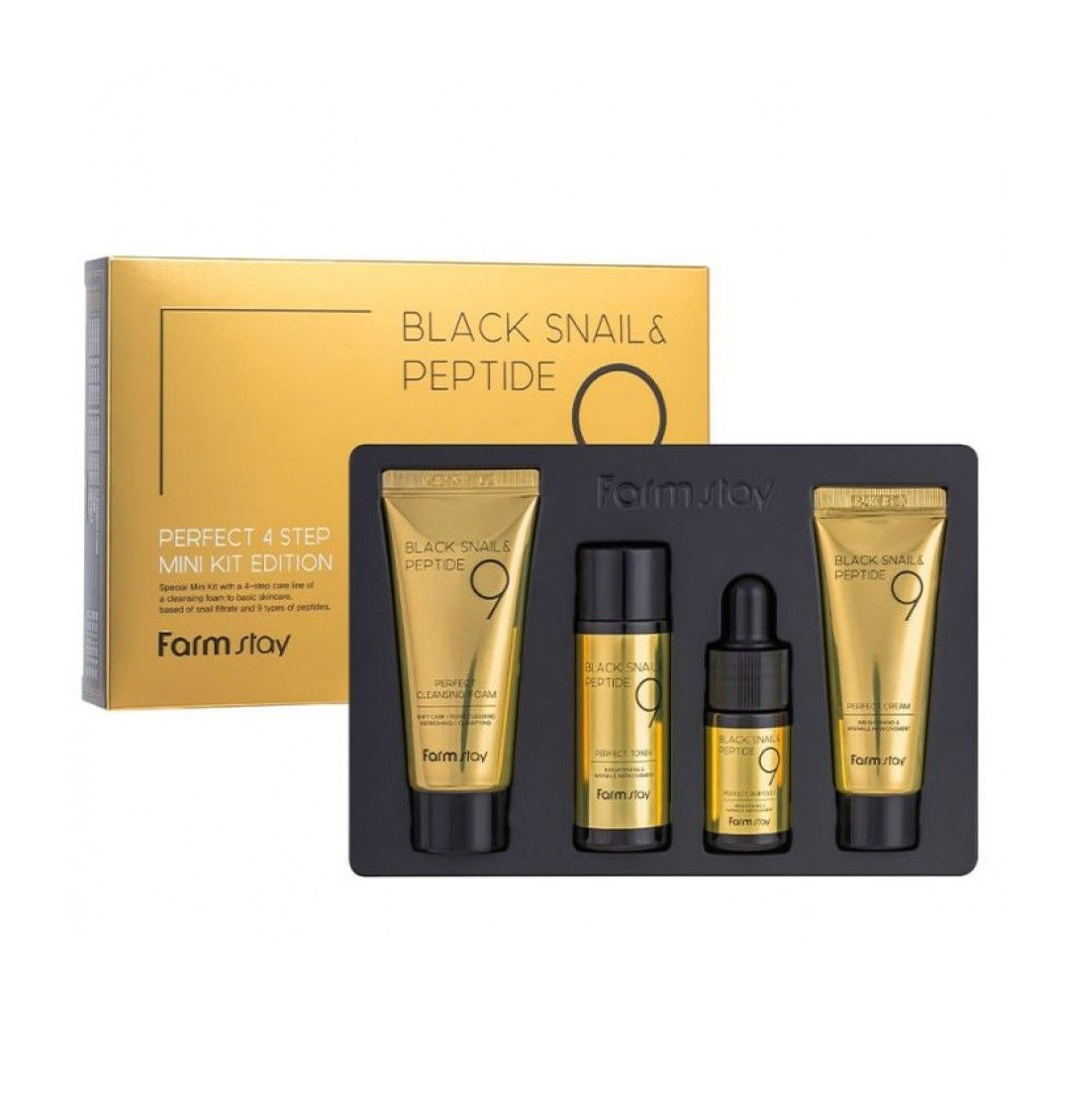 

Уцінка! Набір для догляду за обличчям Farmstay Black Snail & Peptide9 Perfect 4 Step Mini Kit Edition, 4 предмети